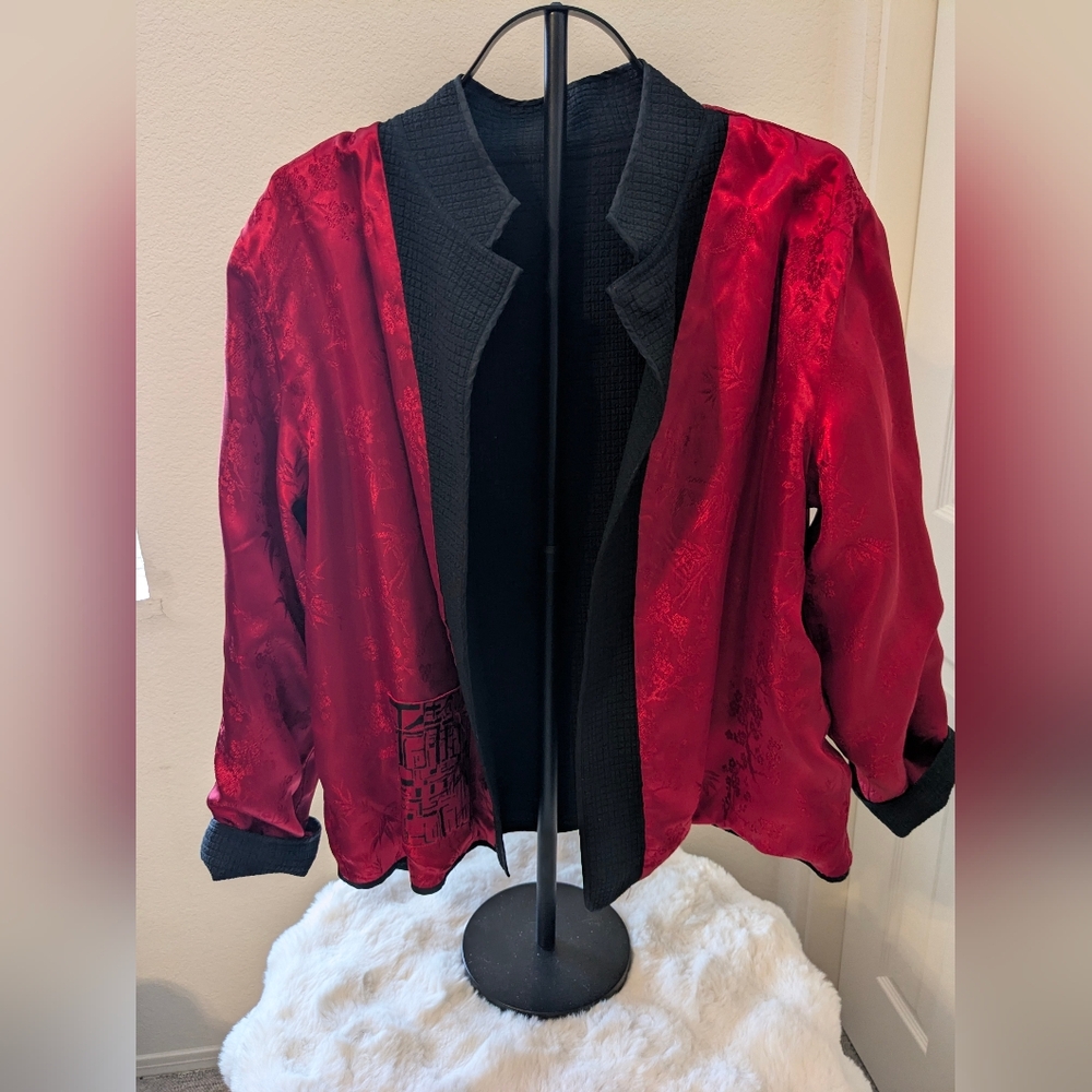 Positive Attitude Reversible Red Jacquard & Black Textured Open Front Jacket